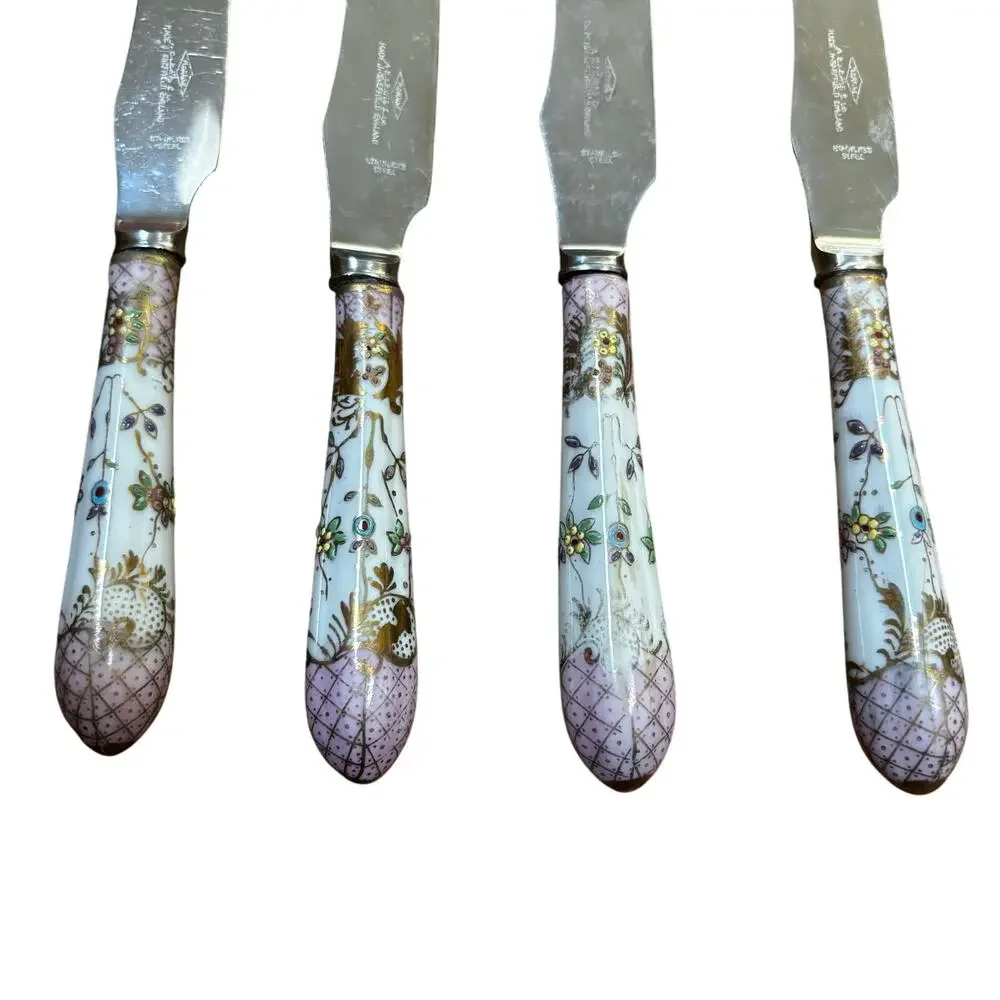 Vintage Hand Painted Pink Porcelain Handle Sheffield stainless steel knives (4)